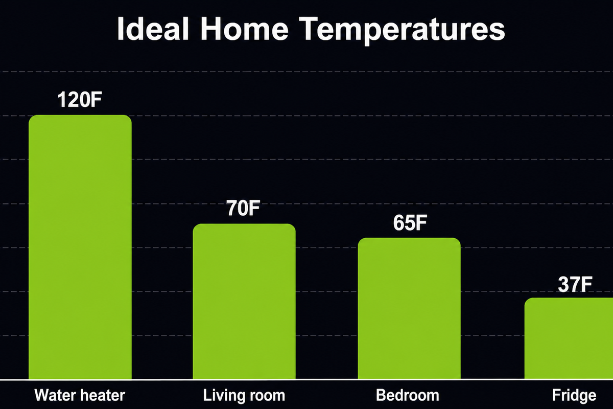 Bar chart of ideal home temperatures: water heater 120F, living room 70F, bedroom 65F, refrigerator 37F